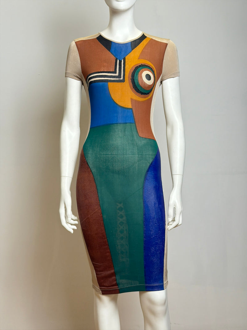 Multicolored bodycon dress by Jean Paul Gaultier, S/S 1990, geometric painted jersey with short sleeves