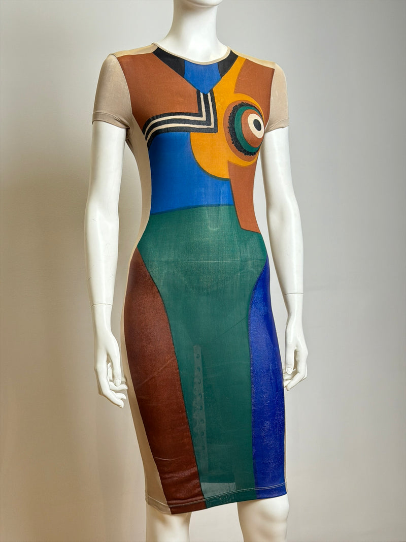 Fitted bodycon dress by Jean Paul Gaultier, knee-length stretch jersey with geometric painted forms