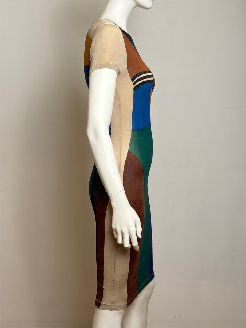 Jean Paul Gaultier S/S 1990 dress detail, short sleeve bodycon silhouette in printed stretch jersey