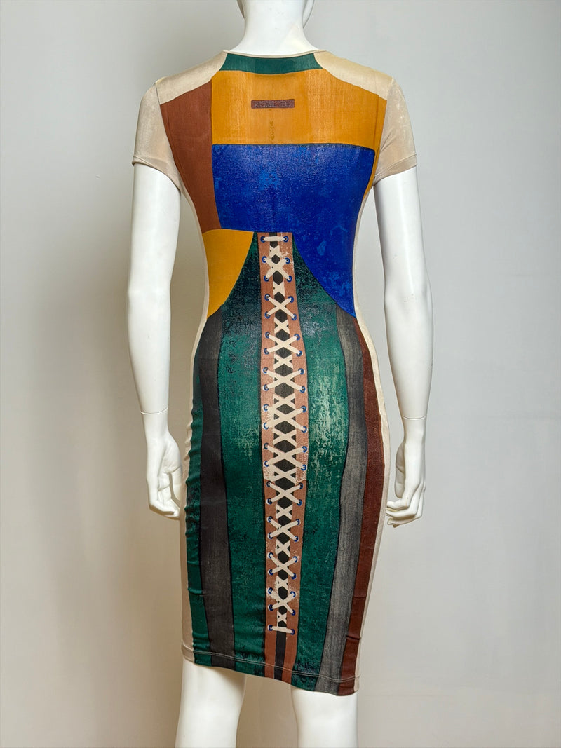 Back view of Jean Paul Gaultier painted jersey dress, geometric design on fitted bodycon form