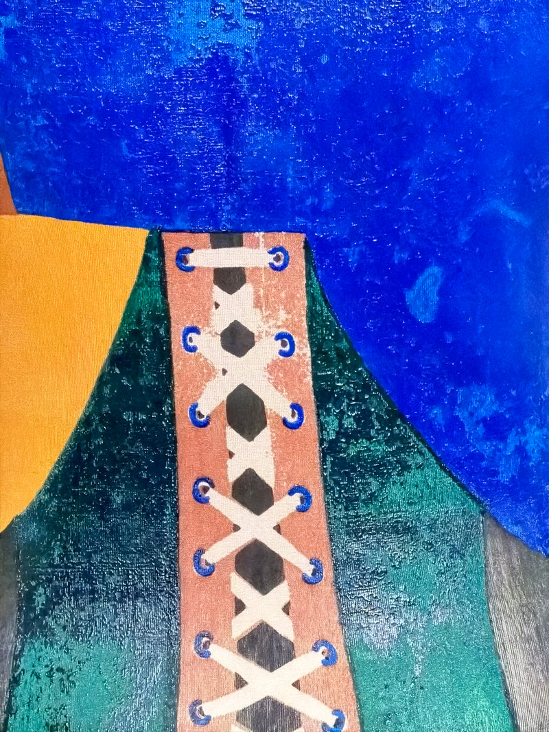 Jean Paul Gaultier bodycon dress side detail, geometric trompe-l'œil painted composition in jersey