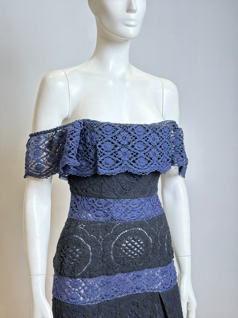 Original Vivienne Westwood label on black and blue lace corseted dress