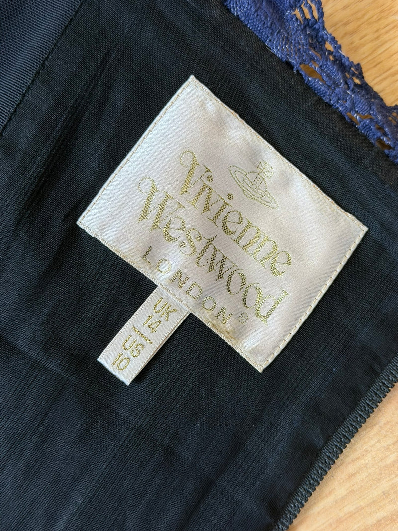 Size tag and construction details of Vivienne Westwood runway dress, UK14
