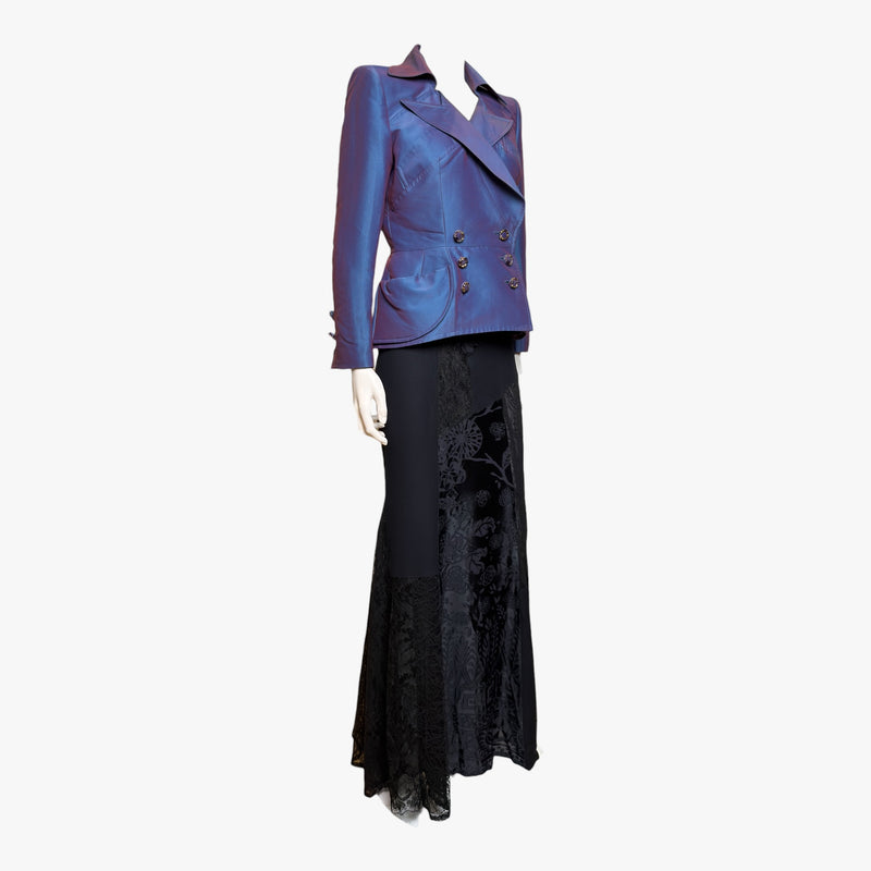 Blue silk jacket and black maxi skirt ensemble by Christian Lacroix, back view