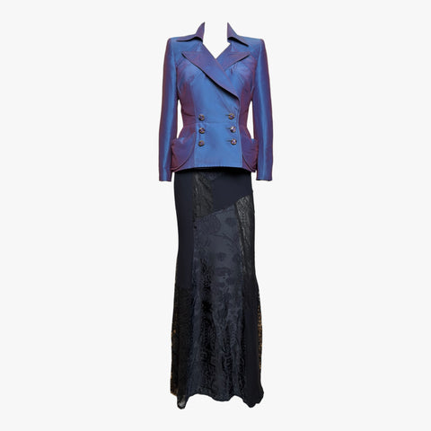 Christian Lacroix S/S 1997 Silk Blue Jacket and Maxi Black Skirt Ensemble