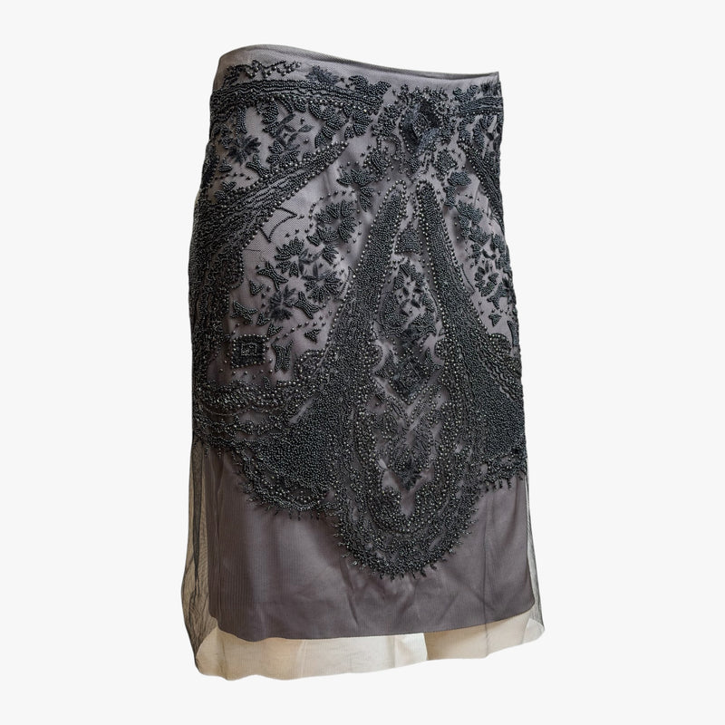 Charcoal grey beaded mesh pencil skirt by Gucci, side detail of beadwork pattern
