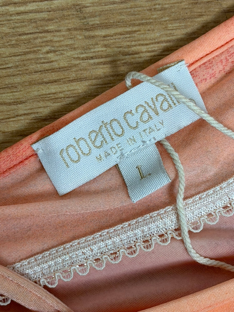 Coral and black tie-dye slip gown by Roberto Cavalli, detail of bias-cut seaming