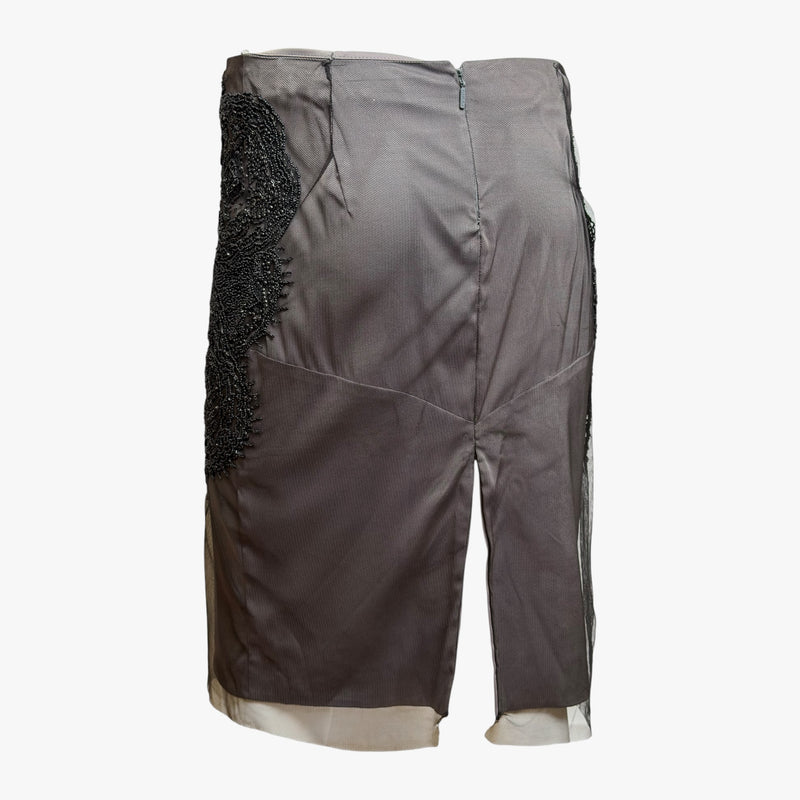 Charcoal grey beaded mesh pencil skirt by Gucci, side zip closure detail