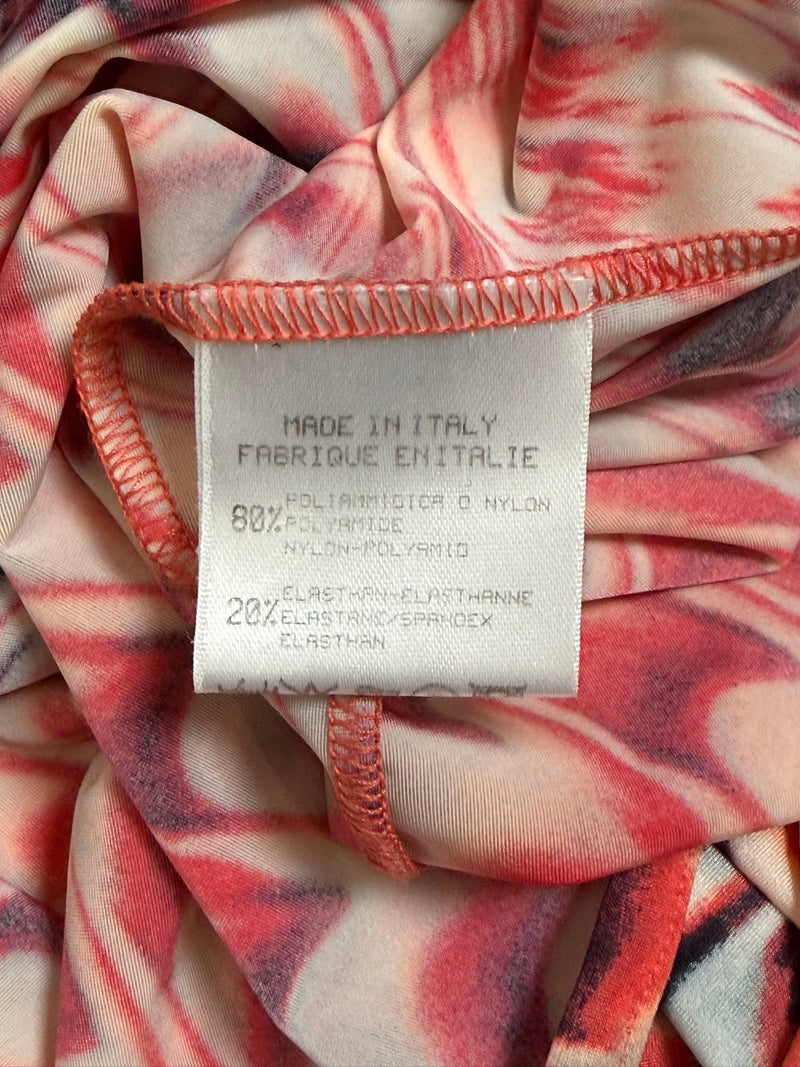 Roberto Cavalli gown back detail, tie-dye pattern with hypnotic swirling chevron design