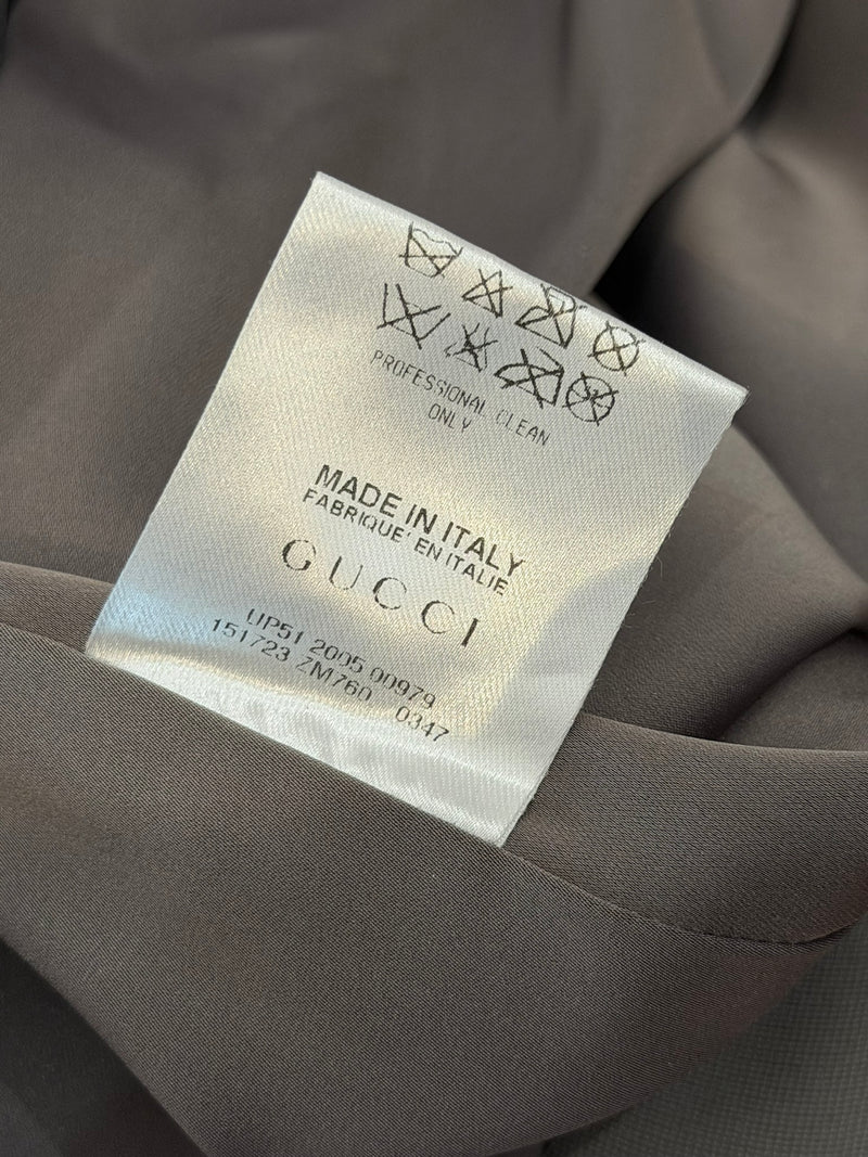 Charcoal grey beaded mesh pencil skirt by Gucci, interior lining and construction detail