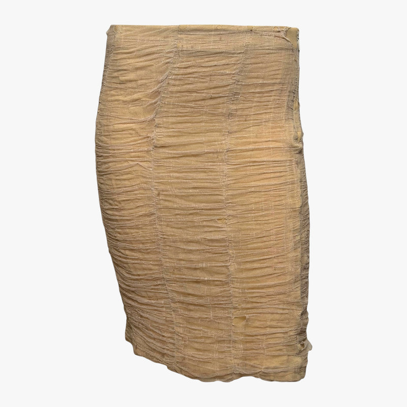 Beige silk mesh pencil skirt by Tom Ford for Gucci, showing allover horizontal ruching detail