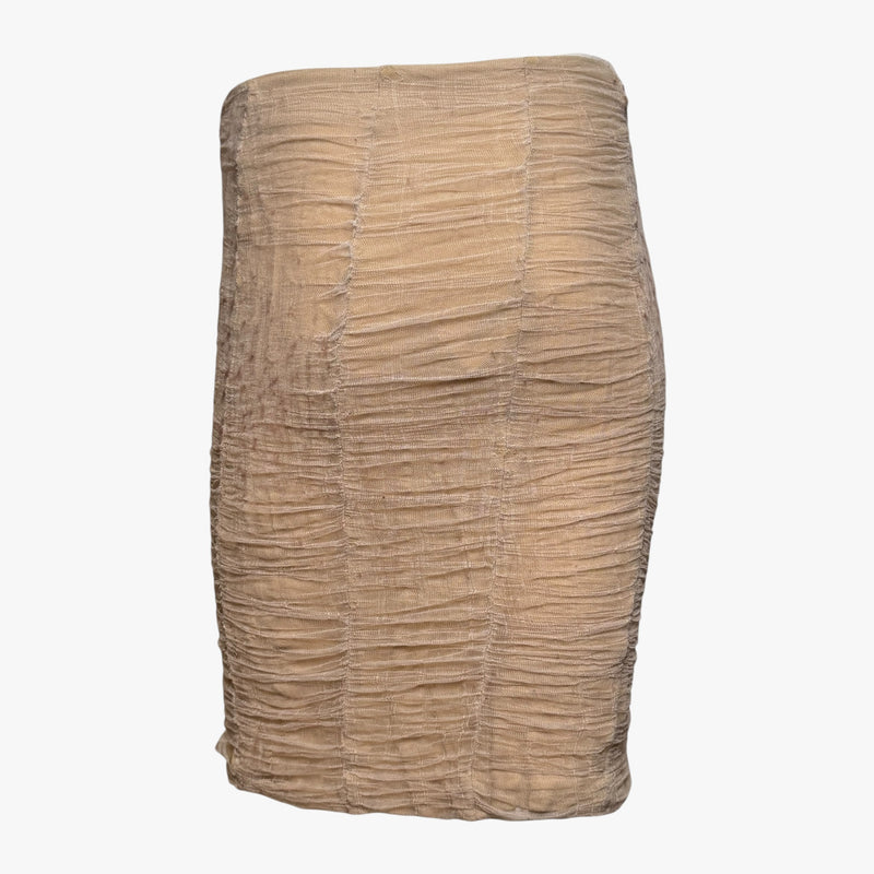 Beige silk mesh pencil skirt by Tom Ford for Gucci, knee-length cut with wear detail