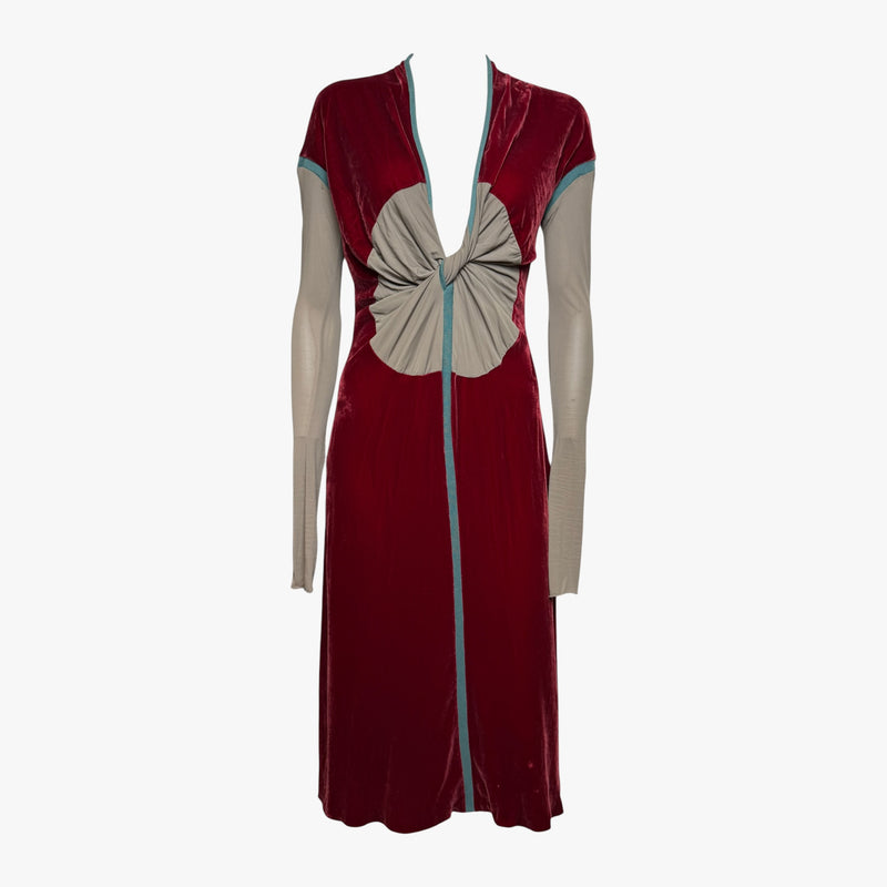 Dress back view showing colorblock construction with burgundy velvet and sage knit elements