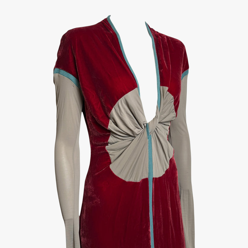 Jean Paul Gaultier blazer collar detail with stand collar and sage piping trim