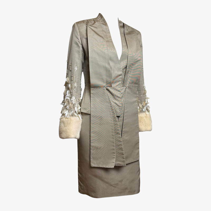 Pale taupe silk faille blazer by Christian Dior, front view with shawl collar and embellished sleeves
