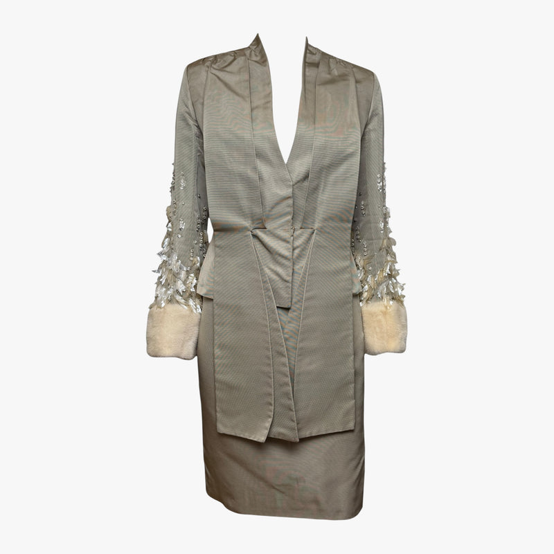Pale taupe silk faille blazer by Christian Dior, feather and crystal embellished sleeves with mink cuffs