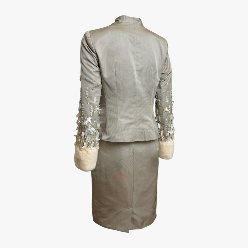 Taupe silk faille pencil skirt by Christian Dior, back zip closure detail