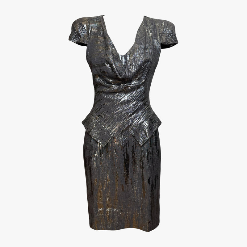 Silver metallic lamé dress by Alexander McQueen, front view showing cowl neckline and draped detail