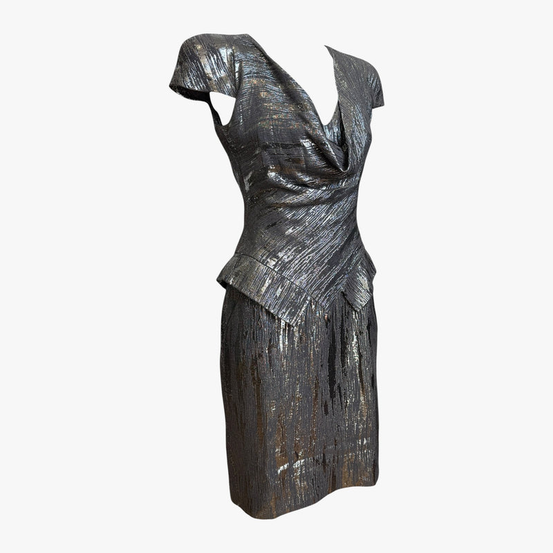 Silver metallic lamé dress by Alexander McQueen, three-quarter view of full silhouette