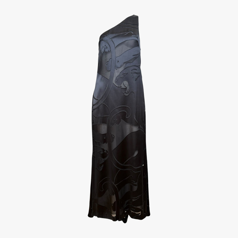 Black silk satin one-shoulder gown by Valentino, hand-appliqué panther motifs, asymmetrical draping