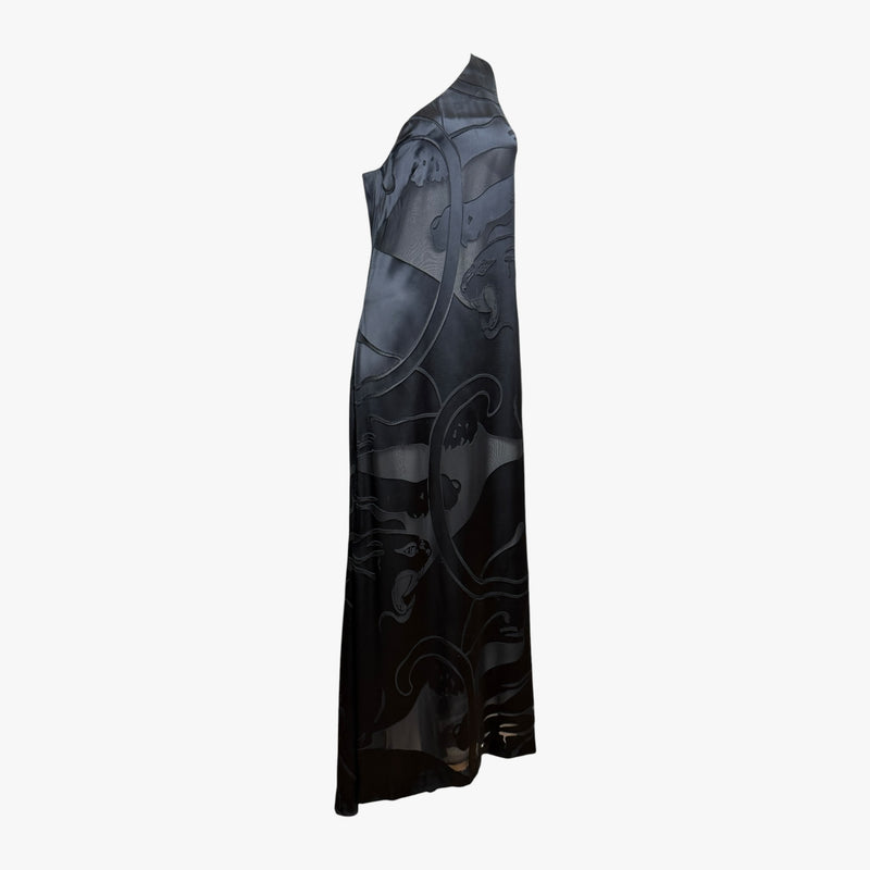 Black silk satin one-shoulder gown by Valentino, hand-appliqué panther motifs, asymmetrical draping