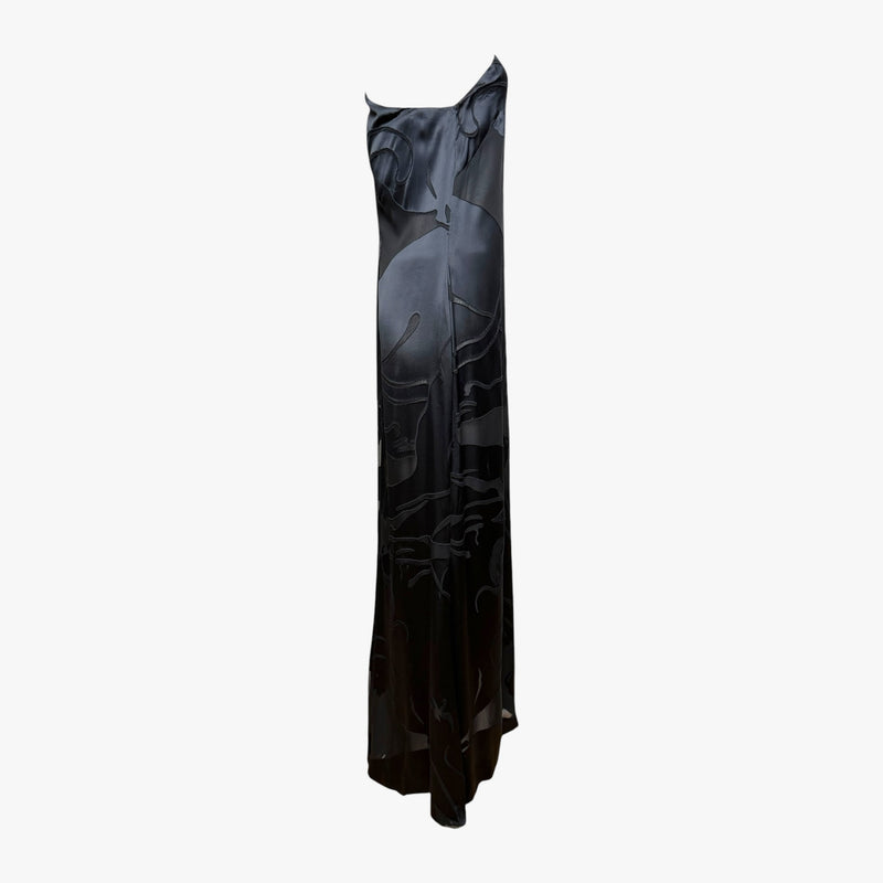 Black silk satin one-shoulder gown by Valentino, hand-appliqué panther motifs, asymmetrical draping