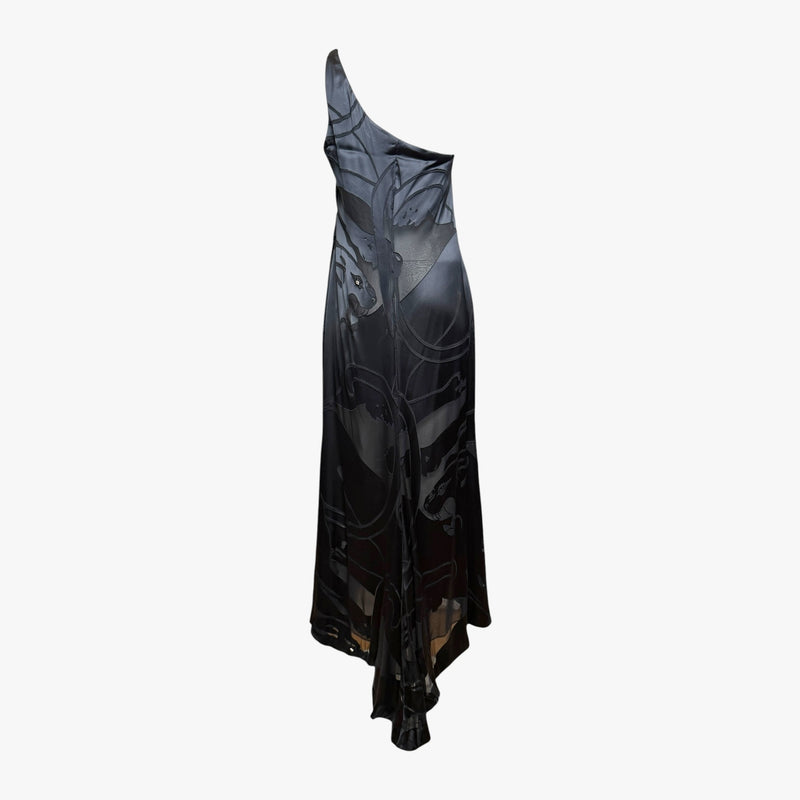 Black silk satin one-shoulder gown by Valentino, hand-appliqué panther motifs, asymmetrical draping