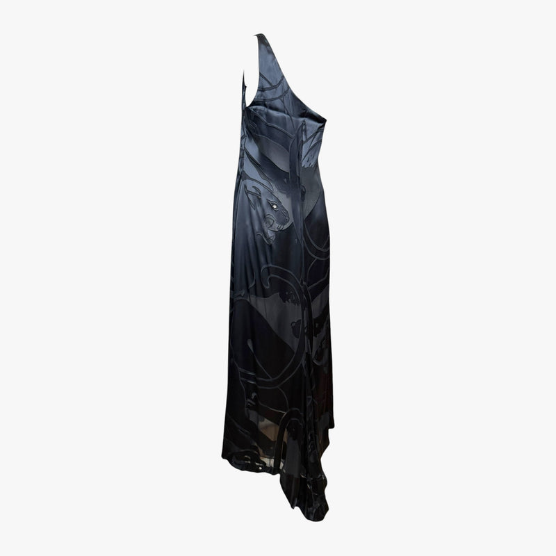 Black silk satin one-shoulder gown by Valentino, hand-appliqué panther motifs, sheer panel details