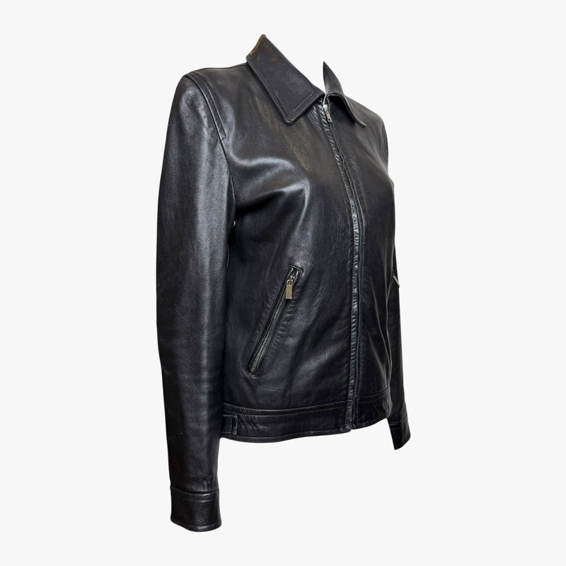Black leather biker jacket by Gucci Tom Ford, side profile showing fitted silhouette