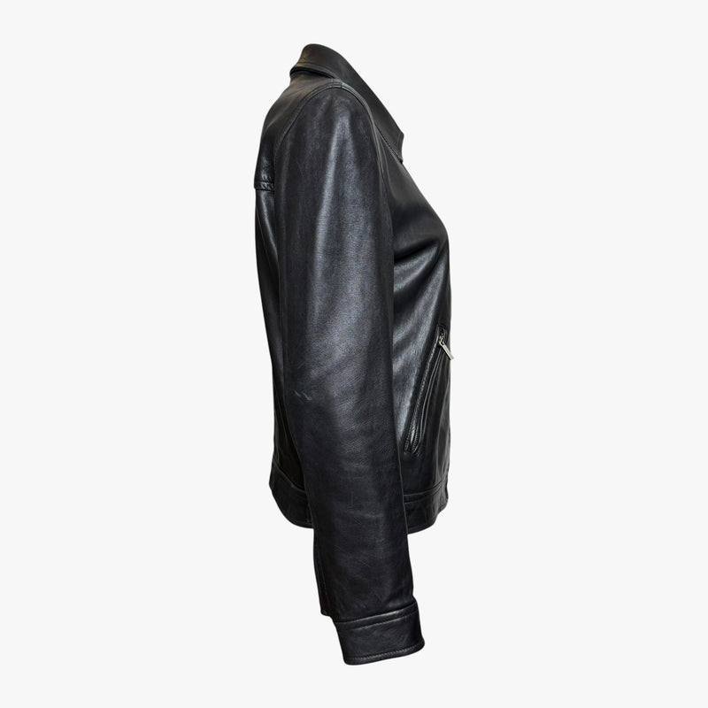 Black leather biker jacket by Gucci Tom Ford, back view with topstitched seaming