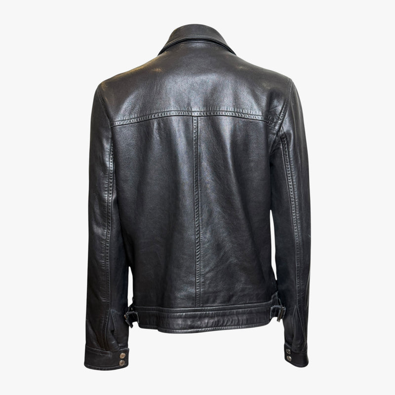 Black leather biker jacket by Gucci Tom Ford, detail of diagonal zip pocket at waist