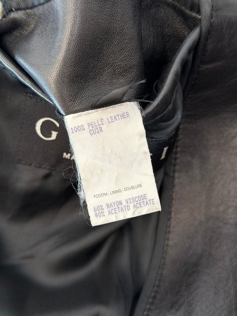 Black leather biker jacket by Gucci Tom Ford, adjustable belt tab at hem