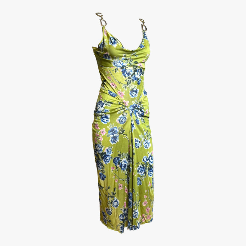 Blue rose and pink bloom floral print on chartreuse ground, side view