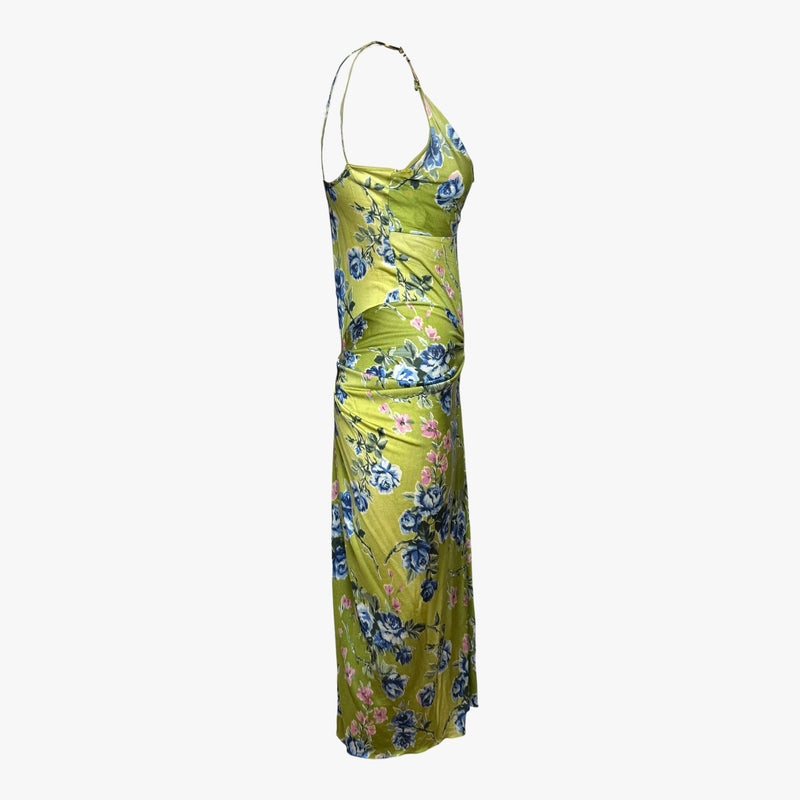 Midi-length drape of chartreuse floral slip dress by Galliano