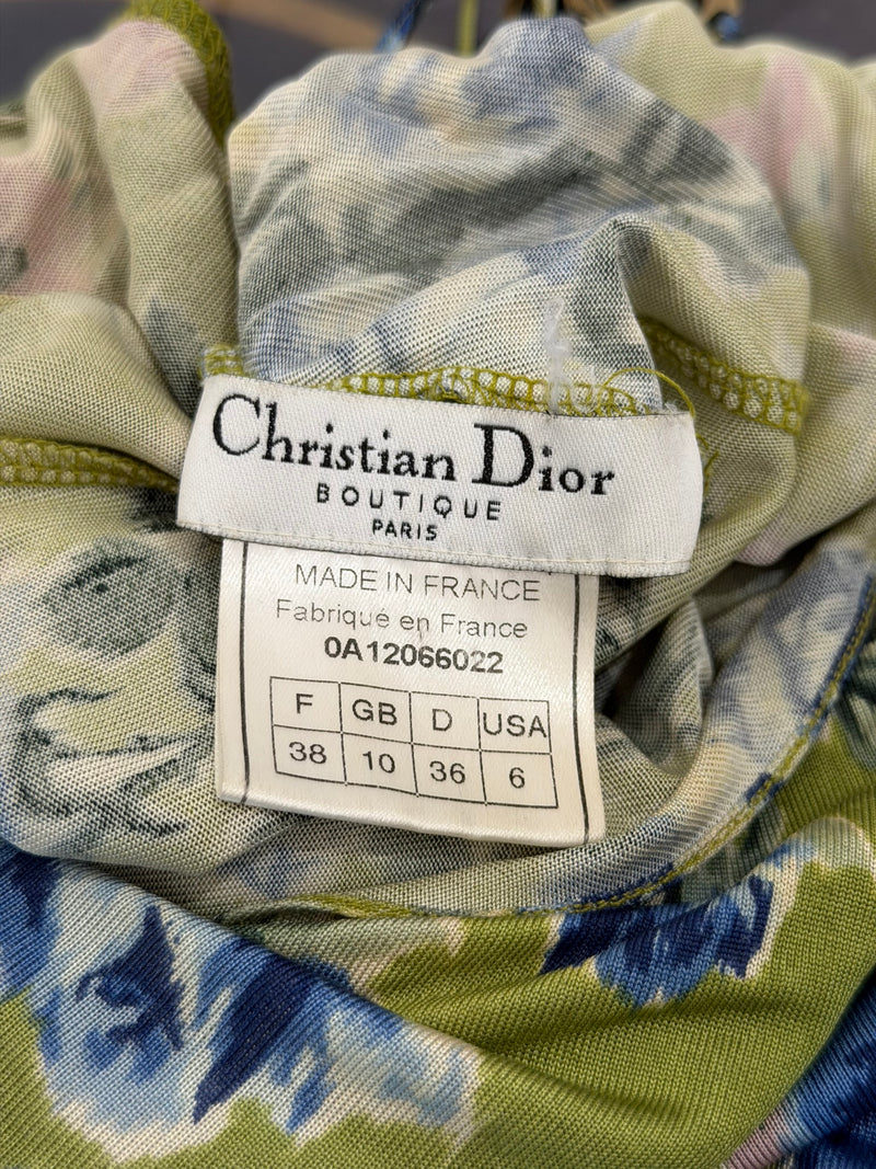 Tag detail on Dior by John Galliano F/W 2000 floral print slip dress