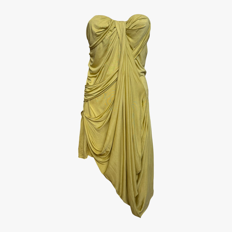 Yellow silk tulle bustier dress by Christian Dior, strapless sweetheart neckline with gathered draped bodice