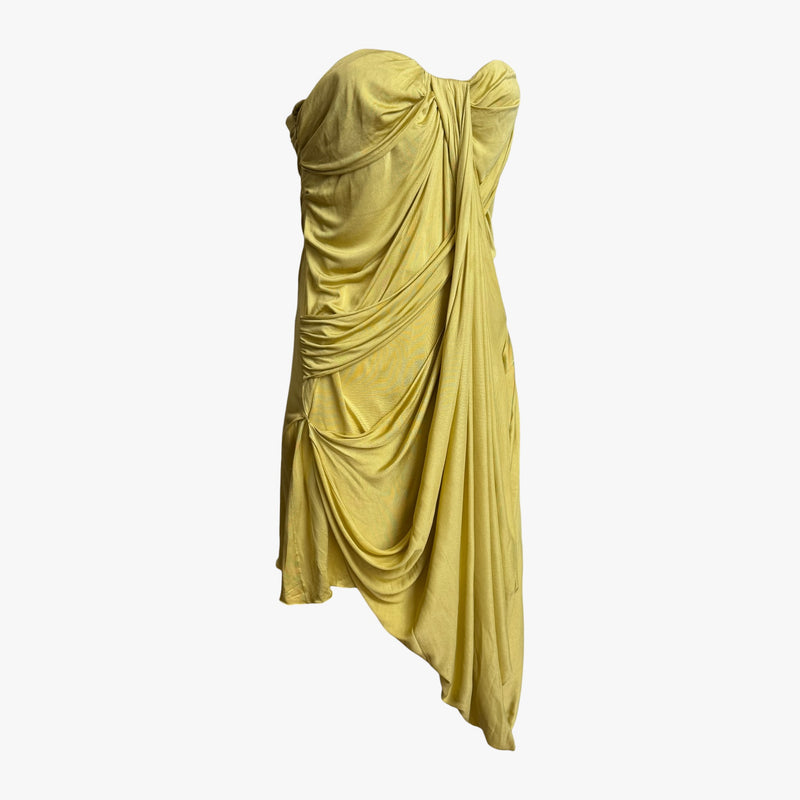 Yellow silk tulle bustier dress by Christian Dior, boned corsetry structure and tulle overlay
