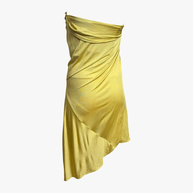 Yellow silk tulle dress by Christian Dior, back view of strapless bustier design