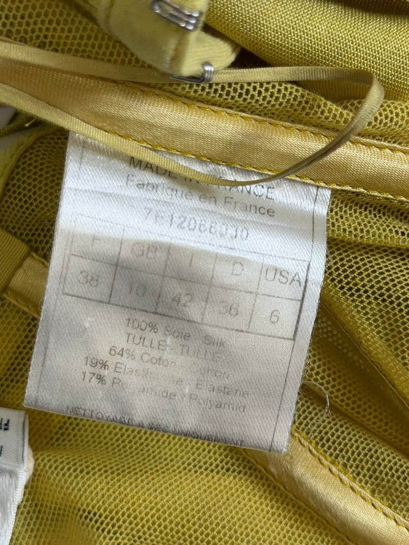 Yellow silk tulle dress by Christian Dior, full length view of asymmetric hemline