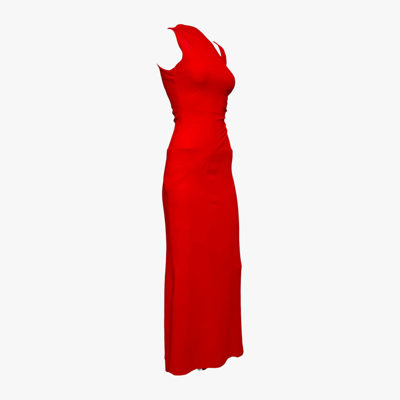 Red silk jersey gown by Valentino, side ruching detail at waist
