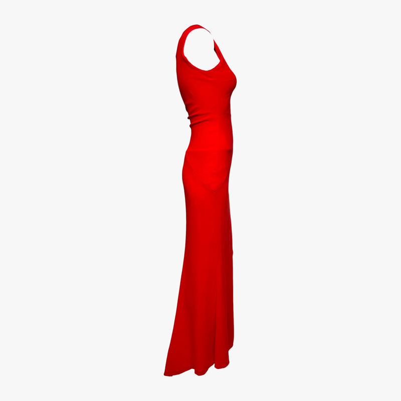 Red silk jersey gown by Valentino, floor-length column silhouette back view