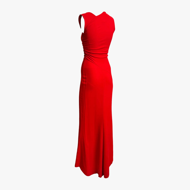 Red silk jersey gown by Valentino, fitted bodice detail with side ruching