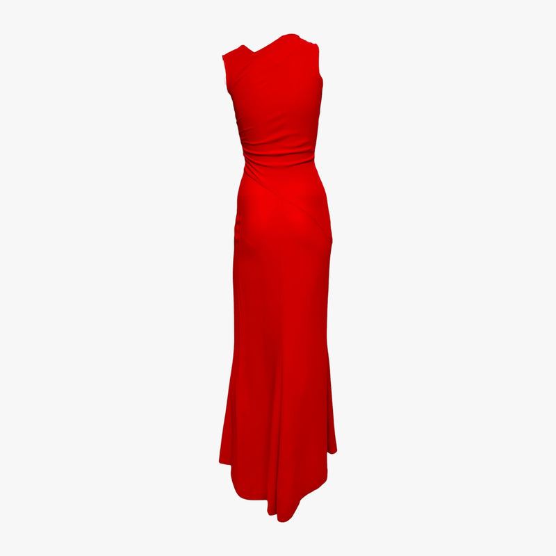 Red silk jersey gown by Valentino, floor-length column silhouette with fluid drape