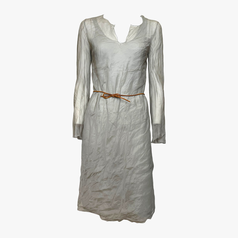 Grey silk organza long sleeve dress by Prada, V-neckline with gathered detailing