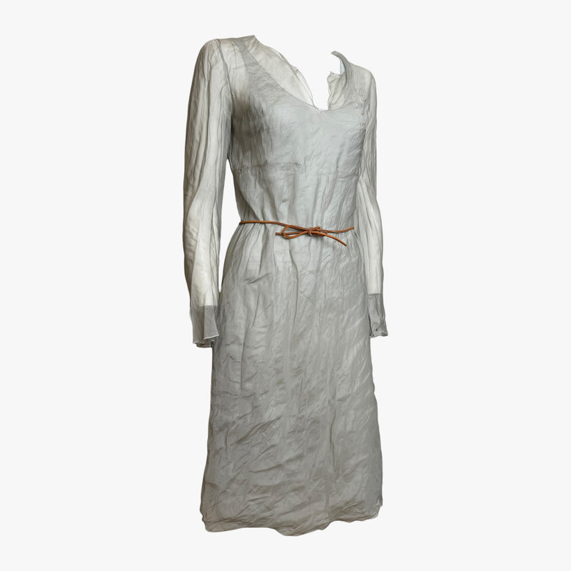 Prada S/S 1999 grey silk organza dress, side view showing straight silhouette