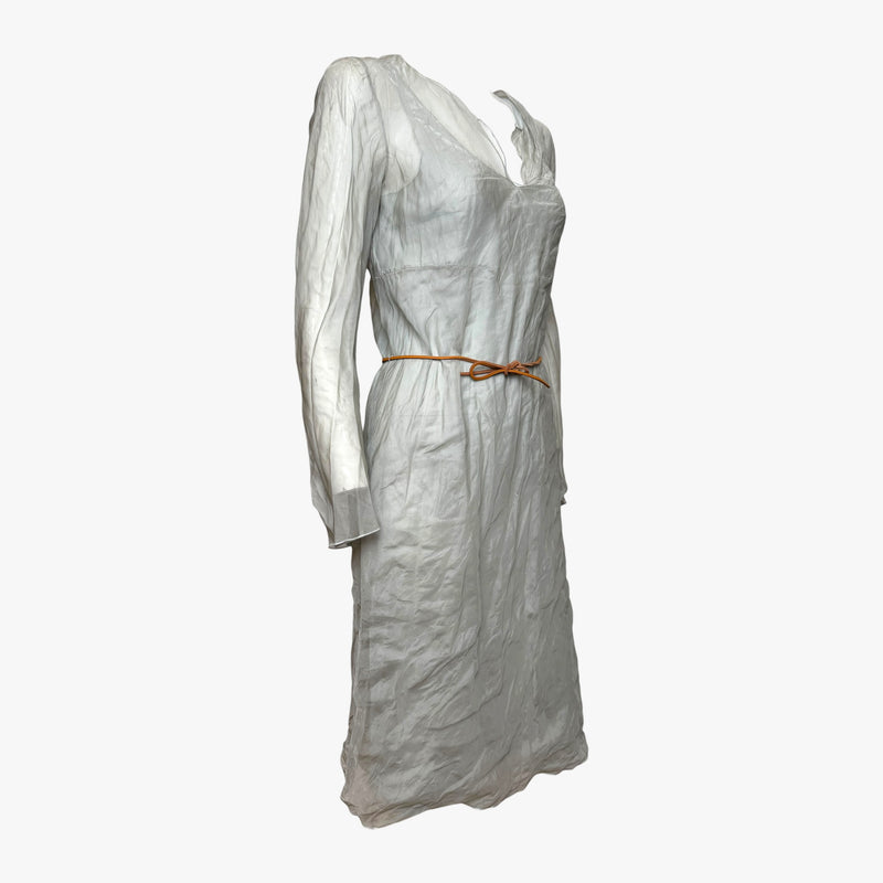 Grey silk organza dress by Prada, detail of V-neckline and gathered bodice