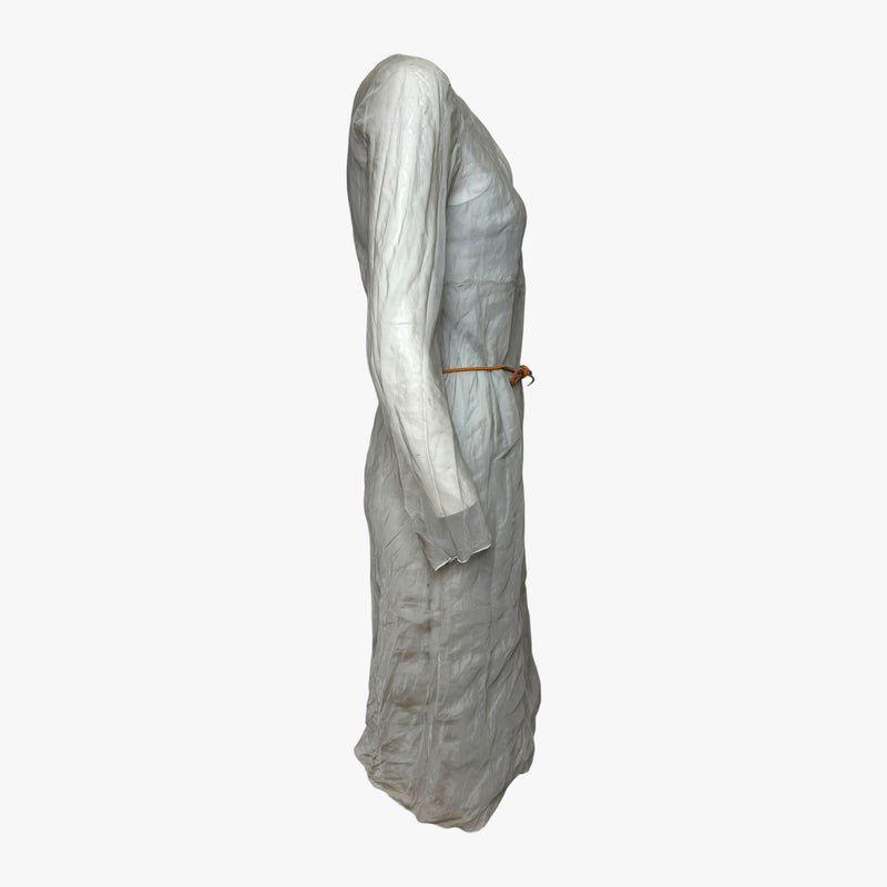 Prada grey sheer silk dress, long sleeves with raw finishes, fitted waist