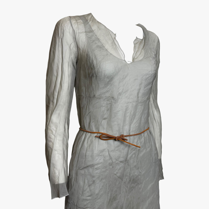 Grey silk organza dress by Prada, detachable leather cord belt with knot closure