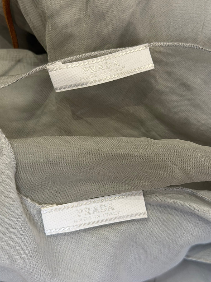 Prada grey sheer silk organza dress, full length showing mid-calf hem