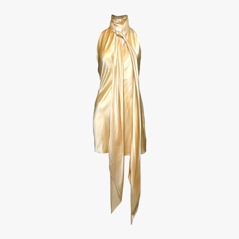 Champagne-gold silk satin halter mini dress by Dolce & Gabbana, twisted halter neckline detail